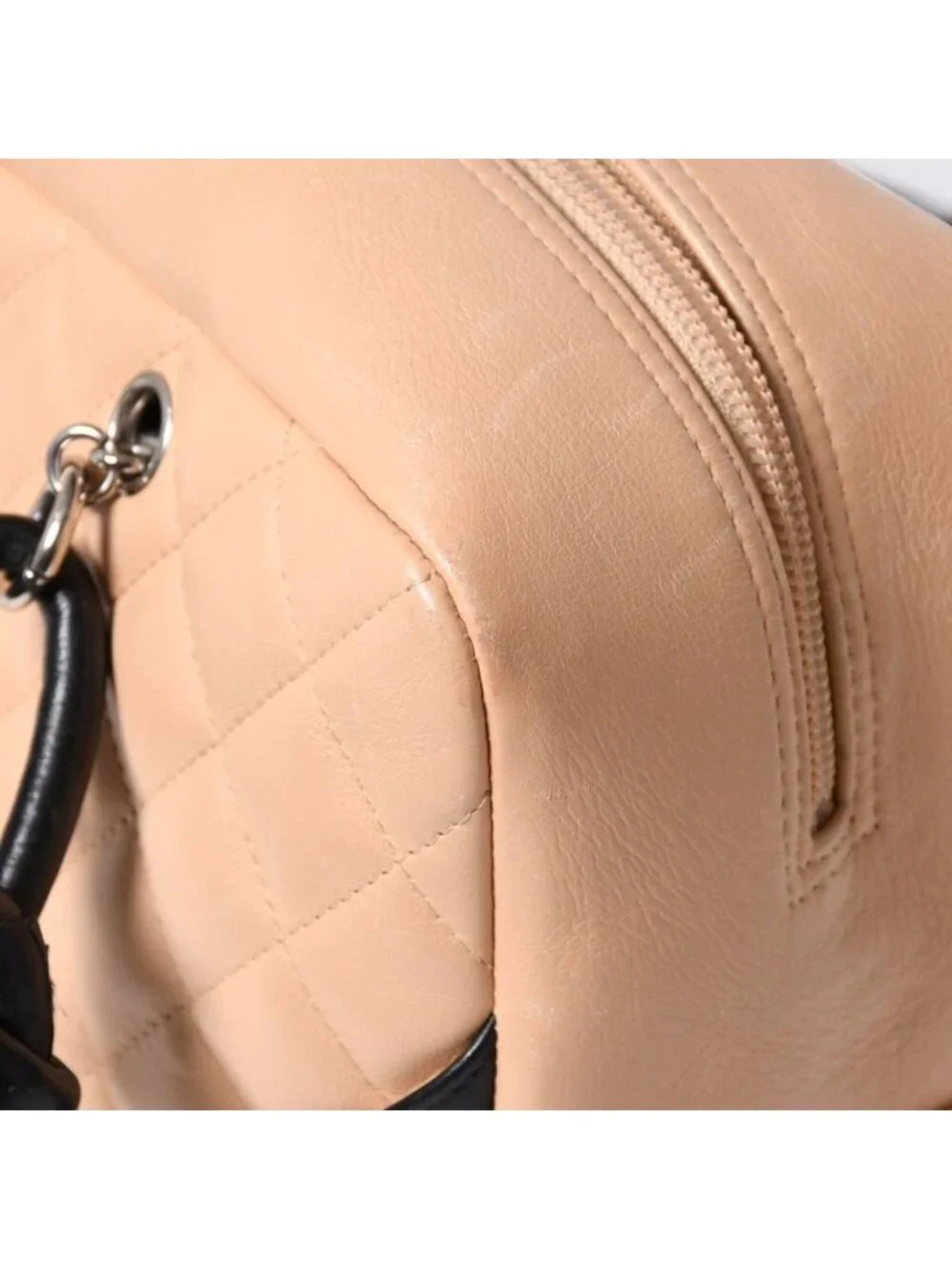 Chanel Cambon Line Bowling Bag Lambskin Beige Black CC Logo Silver